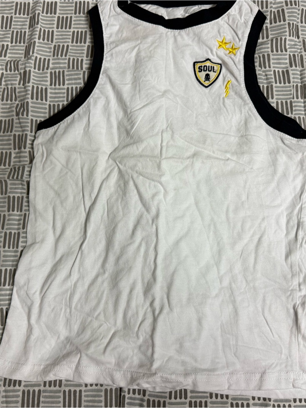 soulcycle White Crop Tank with Black Trim and Yellow Accents